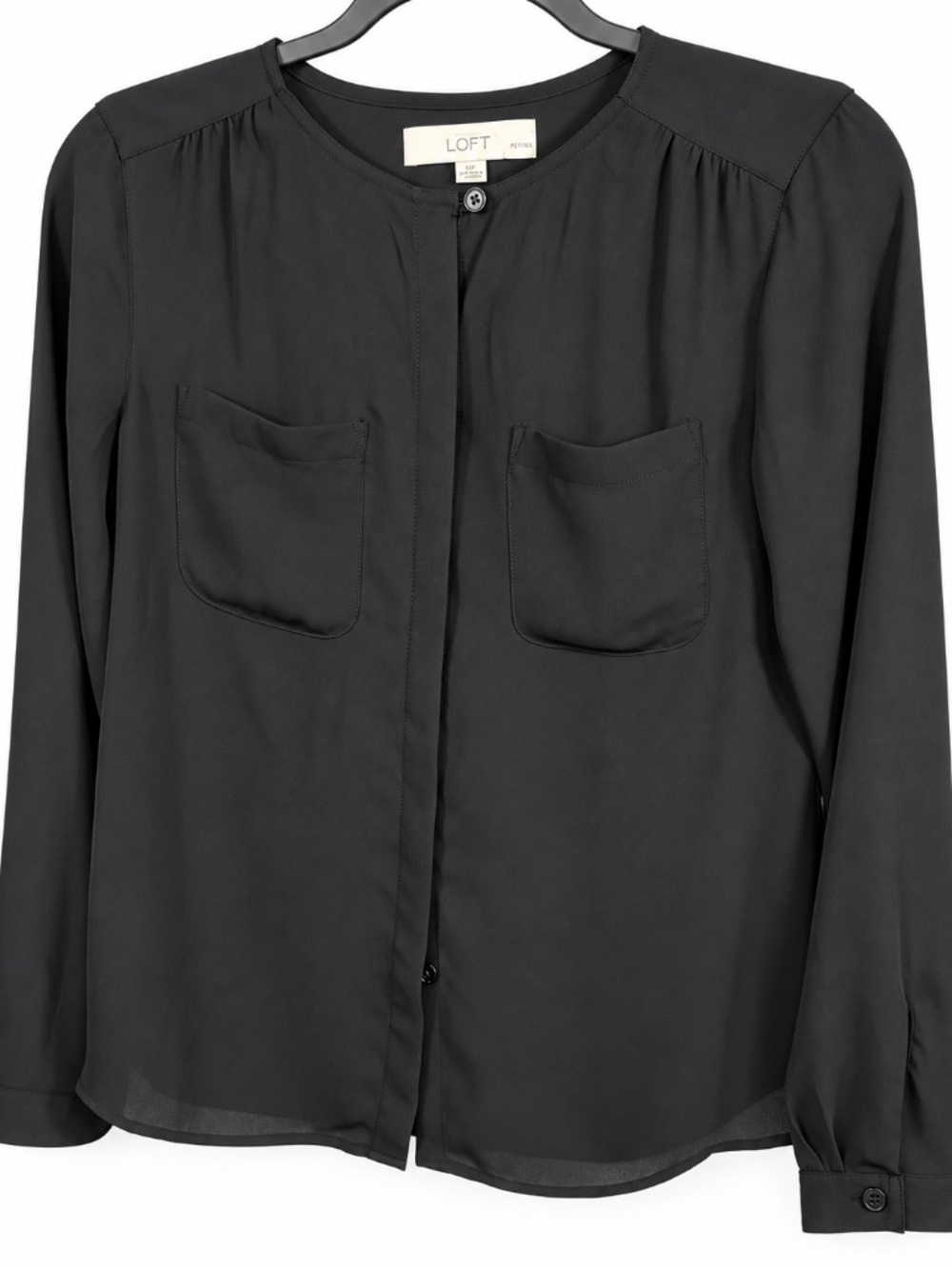 LOFT - Petites Black Semi-Sheer Collarless Button Blouse - XSP